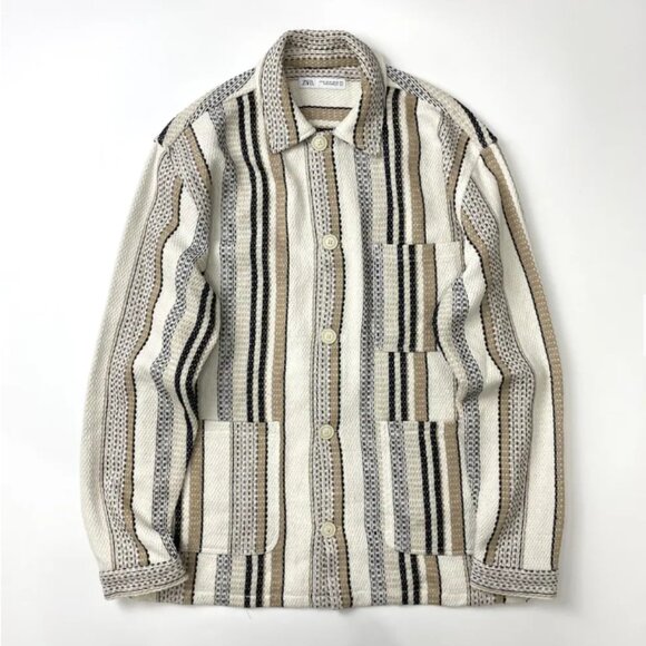 Zara Men's Stripes Overshirt Textured Chore Long Sleeve Button Down Shirt Sz M - Picture 10 of 10